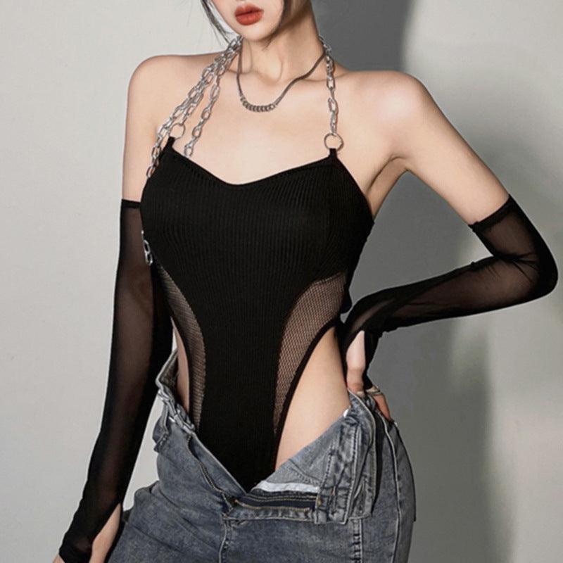 Tight Irregular With Oversleeves Personality Chain Halter Backless Vest - Nioor