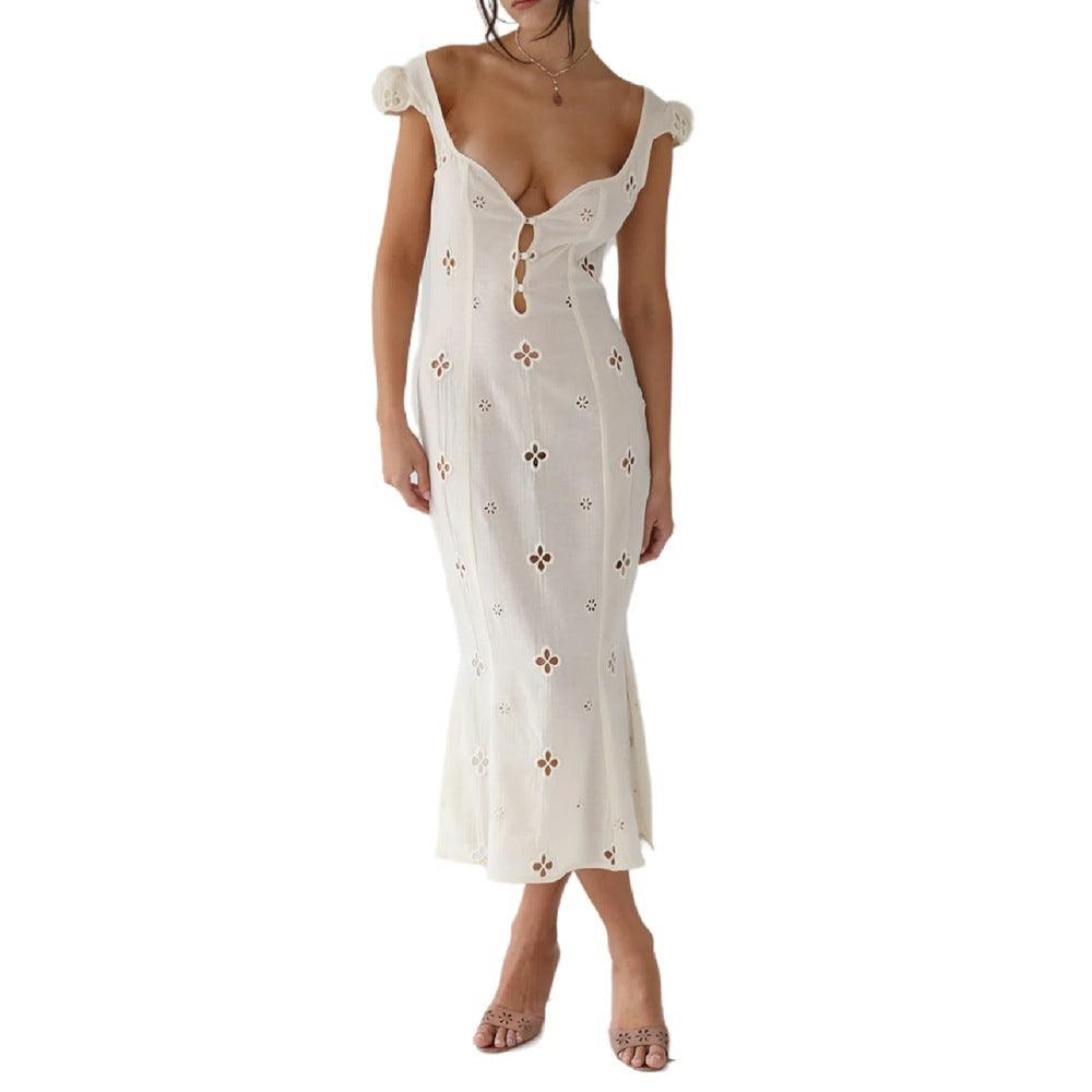 Trendy Mid-length Cotton Embroidered Dress - Nioor