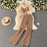 Two Piece Lace Up Top Hollowed Out Knit Wide Leg Pants Set - Nioor