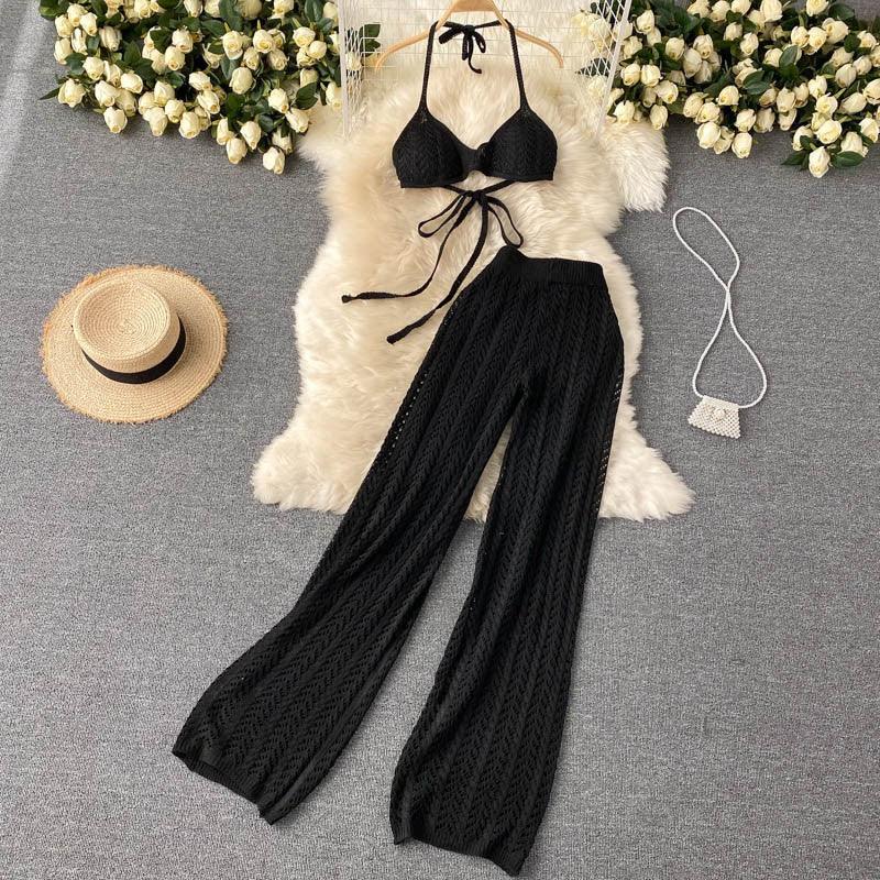 Two Piece Lace Up Top Hollowed Out Knit Wide Leg Pants Set - Nioor