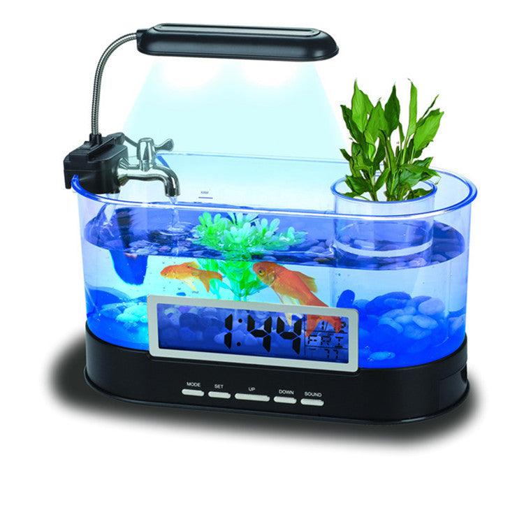 USB Desktop Streaming Mini Aquarium Time Date Week Temperature Alarm Transparent Pen Holder - Nioor