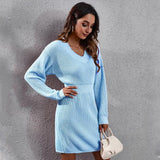 V-neck Drop-shoulder Long-sleeve Waist-tight Woolen Skirt - Nioor