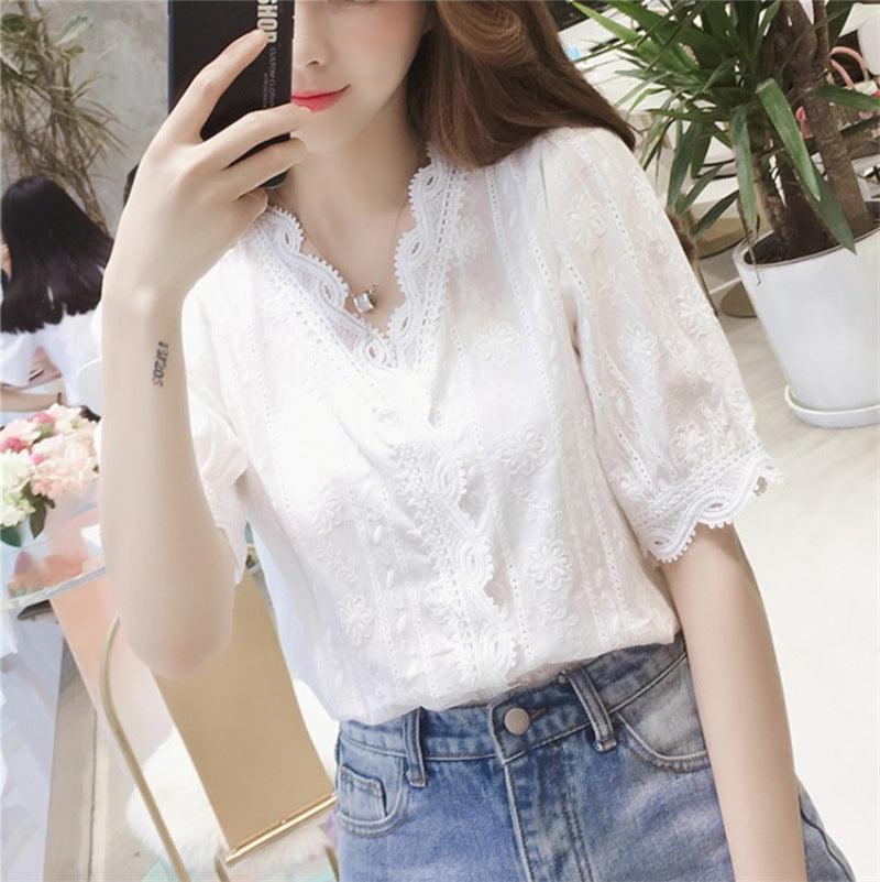 V-neck Lace Lantern Sleeve White Foreign Style Shirt - Nioor