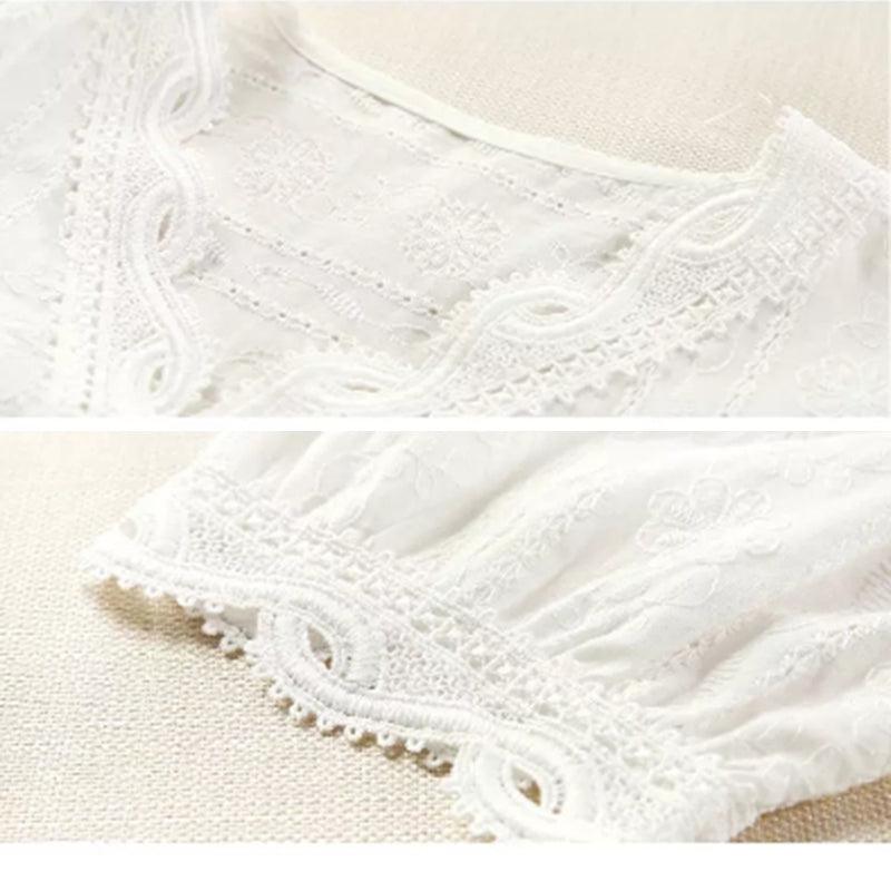 V-neck Lace Lantern Sleeve White Foreign Style Shirt - Nioor