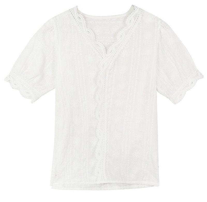 V-neck Lace Lantern Sleeve White Foreign Style Shirt - Nioor