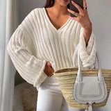 V-neck Long Sleeve Vertical Stripes Hollow Loose Fashion Sweater - Nioor