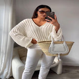 V-neck Long Sleeve Vertical Stripes Hollow Loose Fashion Sweater - Nioor