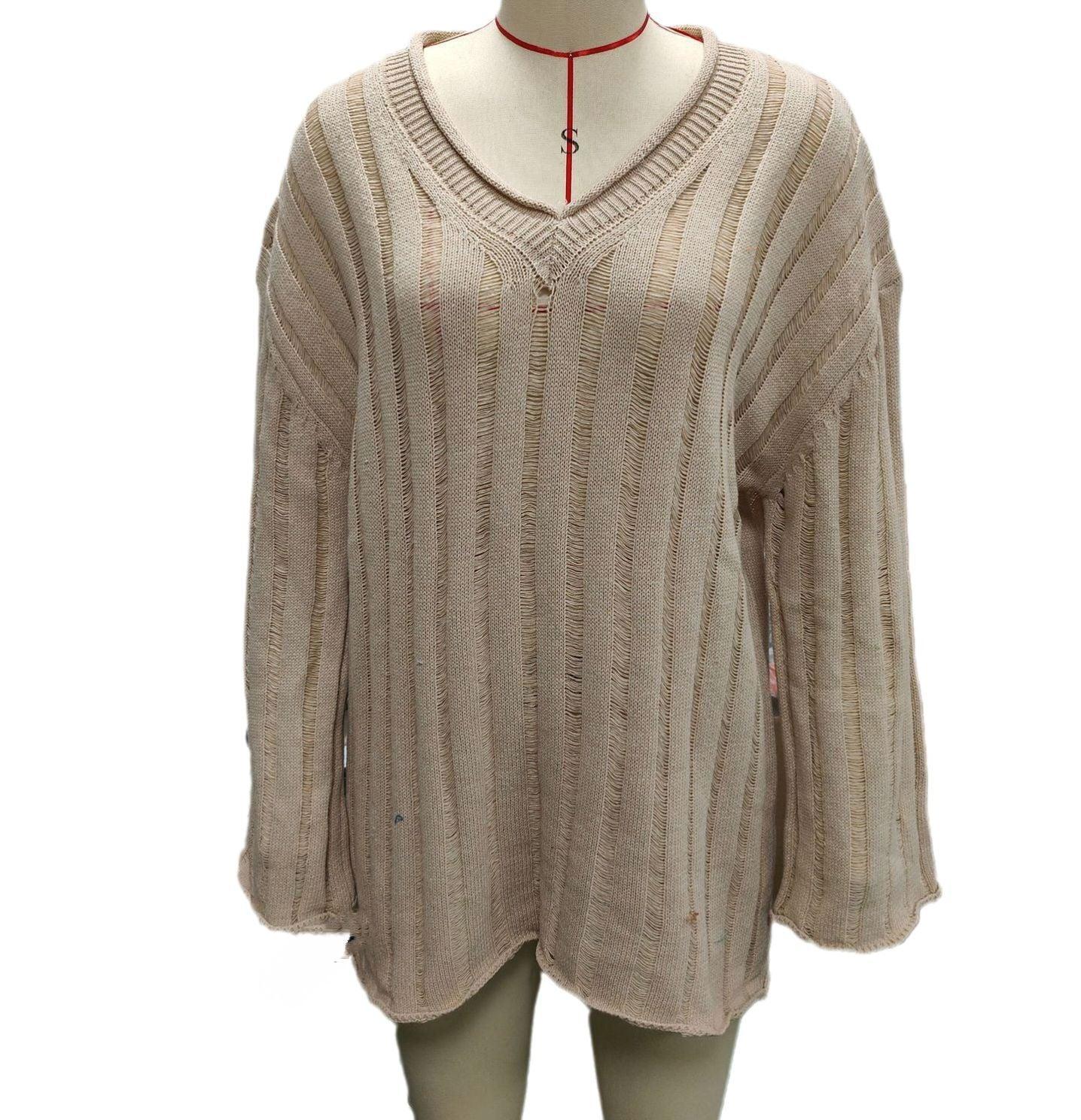 V-neck Long Sleeve Vertical Stripes Hollow Loose Fashion Sweater - Nioor