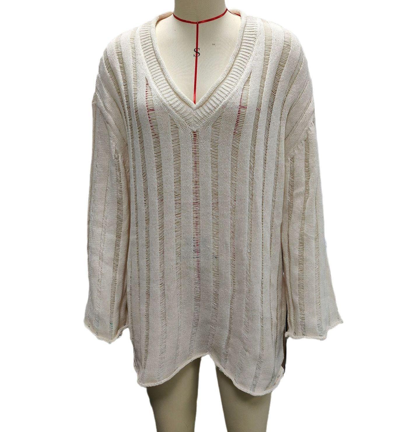 V-neck Long Sleeve Vertical Stripes Hollow Loose Fashion Sweater - Nioor