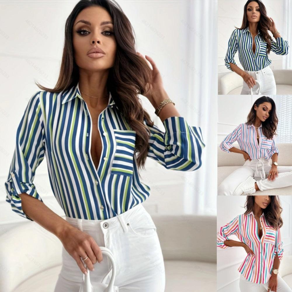 V-neck Pocket Striped Printed Shirt Women - Nioor