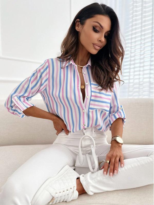 V-neck Pocket Striped Printed Shirt Women - Nioor