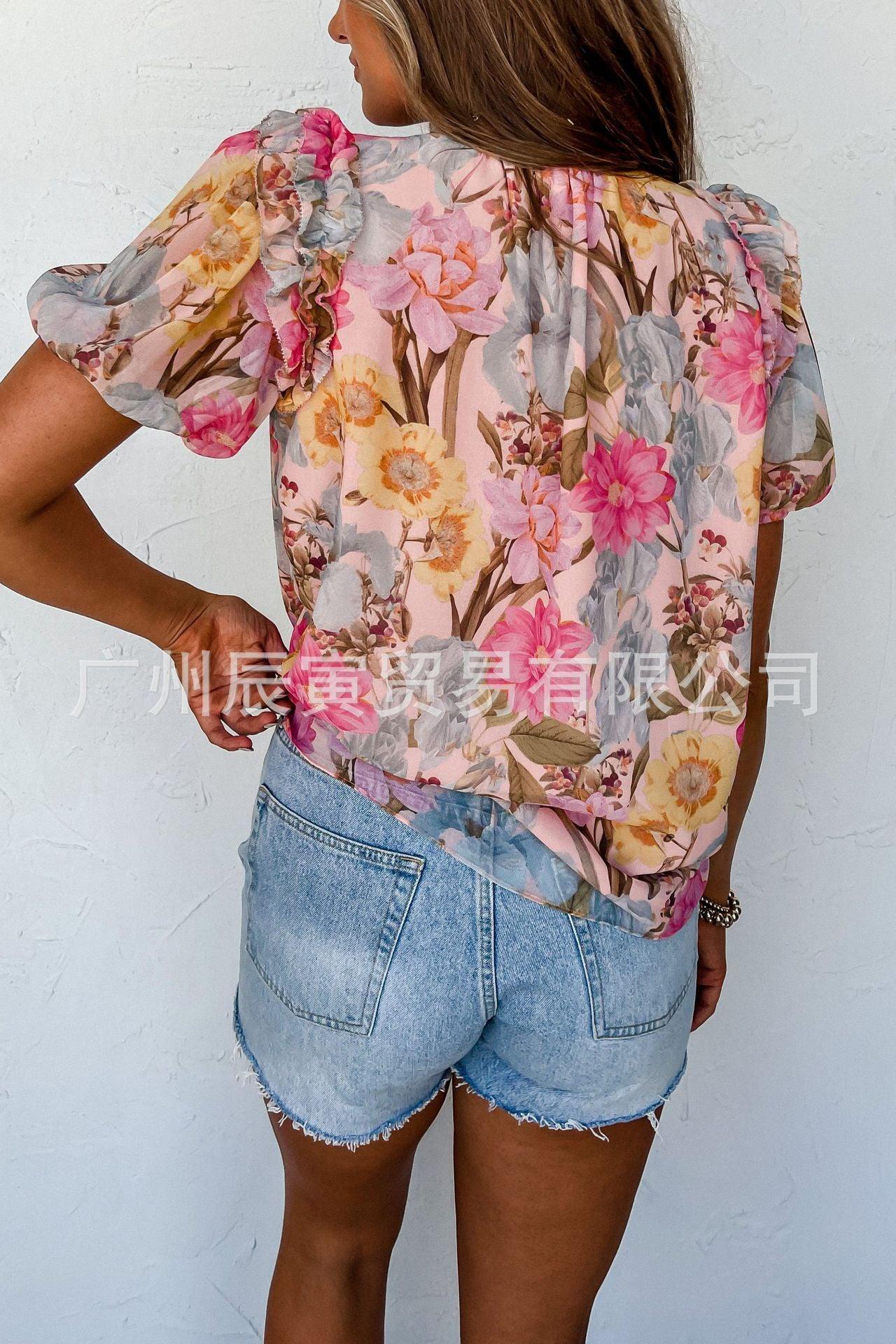 V-neck Puff Sleeve Floral Loose T-shirt - Nioor