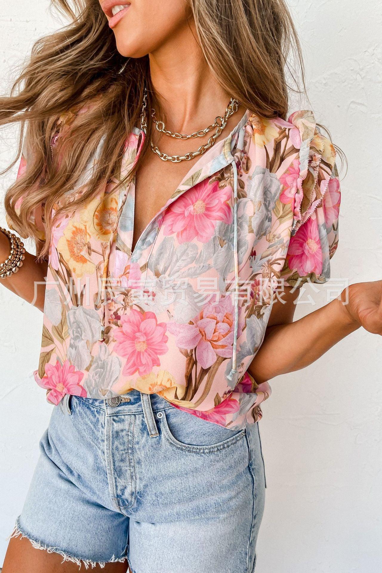 V-neck Puff Sleeve Floral Loose T-shirt - Nioor