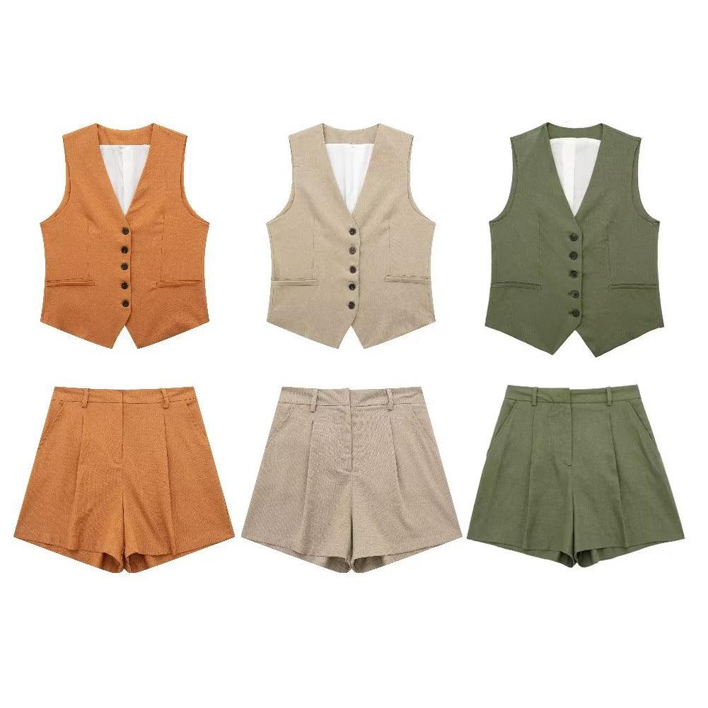 V-neck Single Breasted Vest High Waist Wide Leg Shorts Suit - Nioor