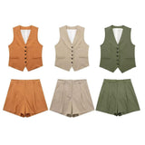 V-neck Single Breasted Vest High Waist Wide Leg Shorts Suit - Nioor