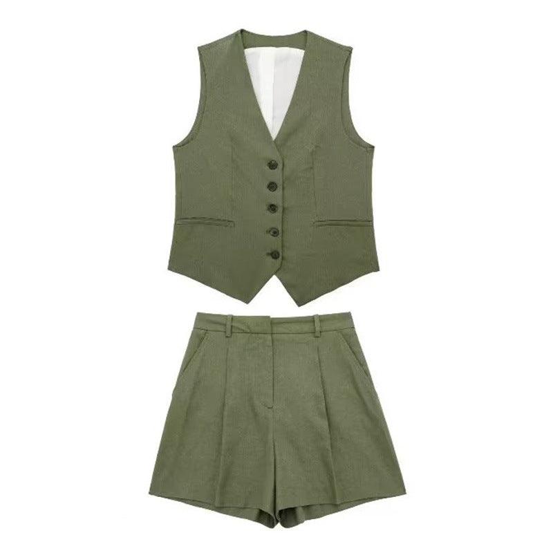 V-neck Single Breasted Vest High Waist Wide Leg Shorts Suit - Nioor