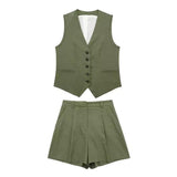 V-neck Single Breasted Vest High Waist Wide Leg Shorts Suit - Nioor