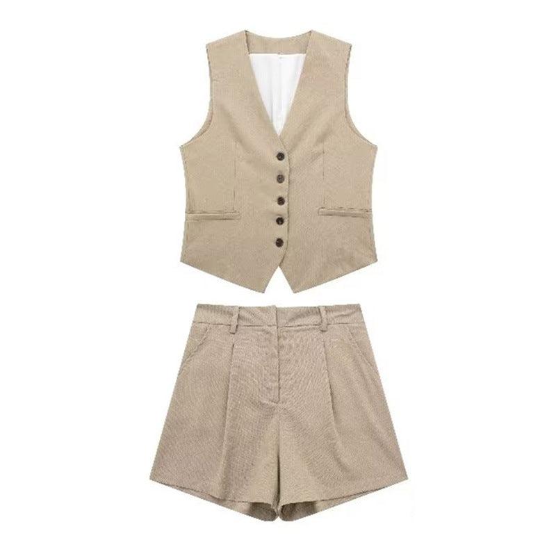 V-neck Single Breasted Vest High Waist Wide Leg Shorts Suit - Nioor