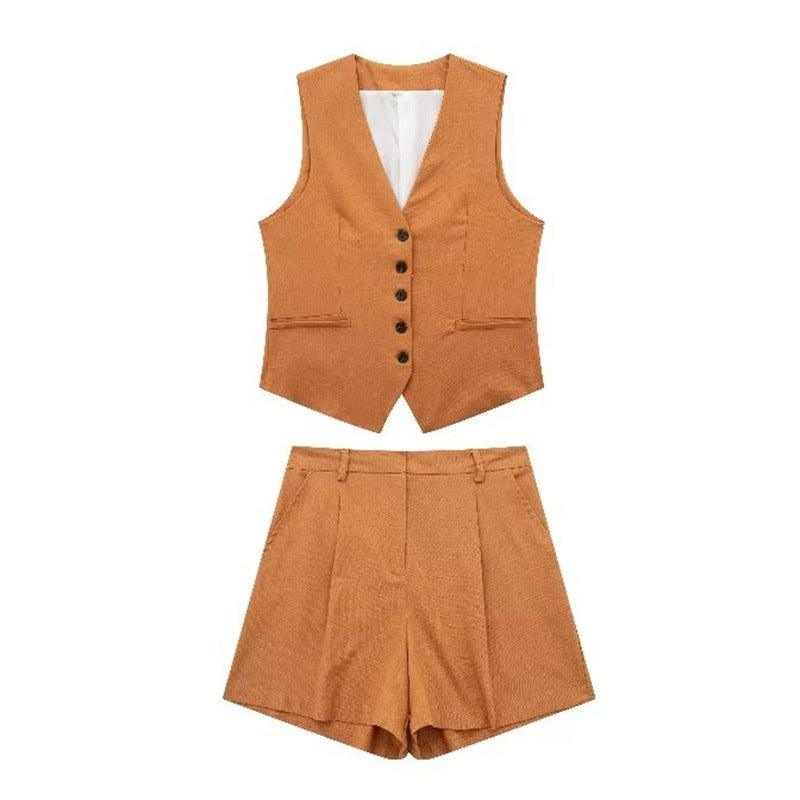 V-neck Single Breasted Vest High Waist Wide Leg Shorts Suit - Nioor