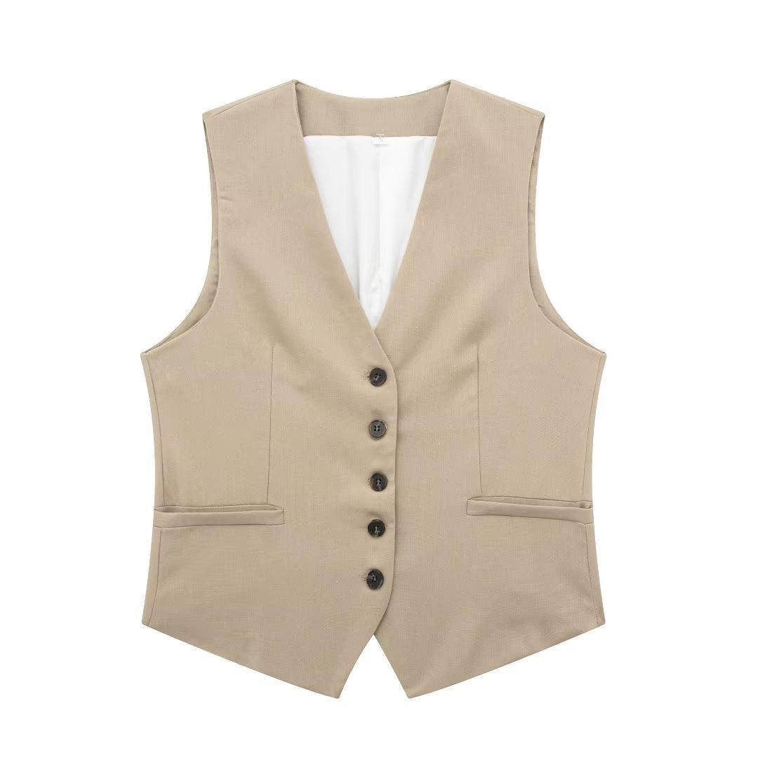 V-neck Single Breasted Vest High Waist Wide Leg Shorts Suit - Nioor