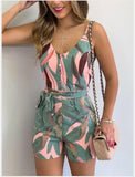 V neck Sling Print Striped Tie Jumpsuit - Nioor