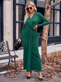 V-neck Solid Color Kink Waist Long Sleeve Dress - Nioor