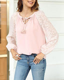 V-neck Women's Long Sleeve Chiffon Lace Loose Shirt - Nioor