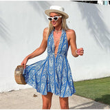 Vacation Style Backless Print Halter Beach Dress For Women - Nioor