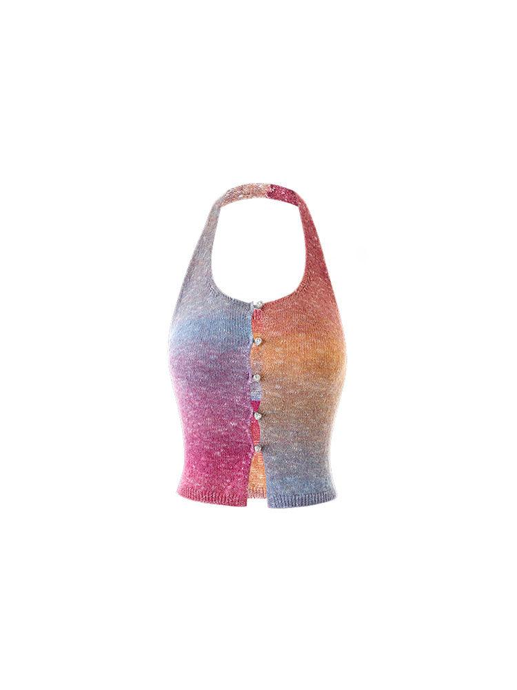 Vacation Style Rainbow Color Halter Spaghetti Straps Vest Outer Wear Slim Top - Nioor