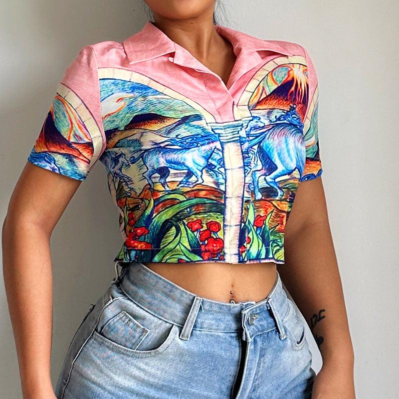 Vacation Wind Fashion Tops New Retro Print POLO Lapel Short-sleeved Umbilical Cord Shirt Female - Nioor