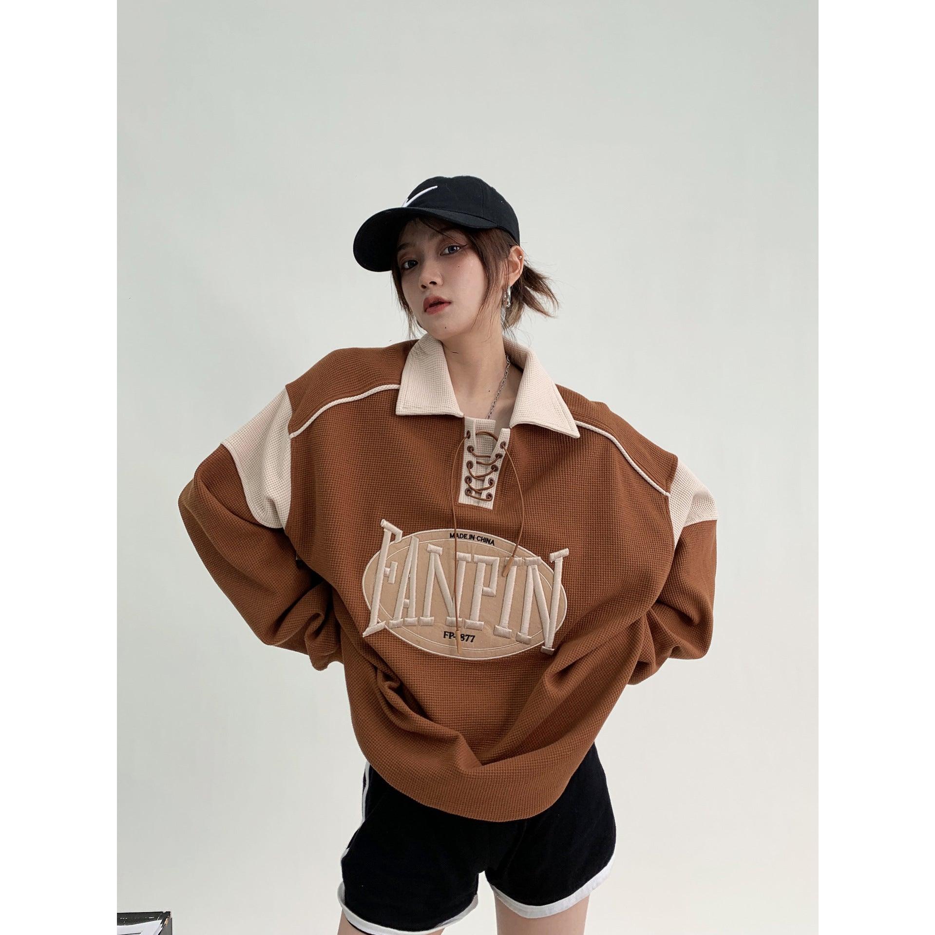 Versatile Loose Waffle Long Sleeve Sweater - Nioor