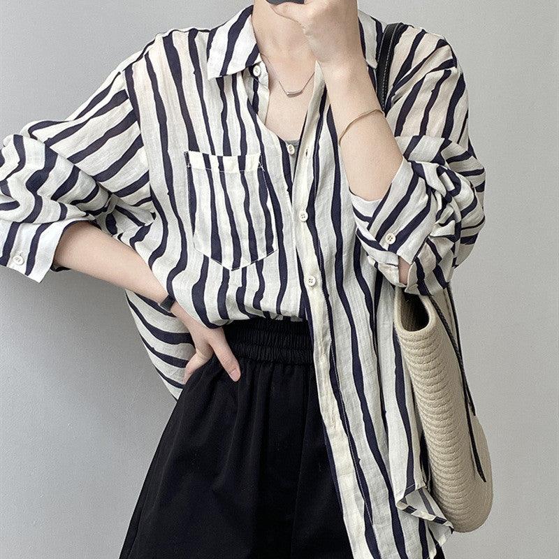 Vertical Striped Long-sleeved Shirt Lightweight Sun Protection Top - Nioor