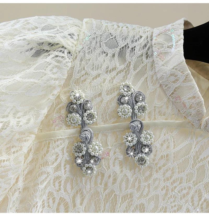 Vintage Buckle Stand Collar Puff Sleeve Top Beaded - Nioor