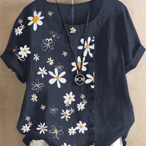 Vintage Cotton Linen Daisy Loose Casual Shirt Short Sleeve Women - Nioor