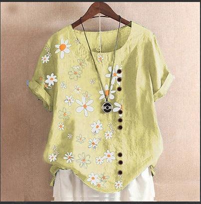 Vintage Cotton Linen Daisy Loose Casual Shirt Short Sleeve Women - Nioor