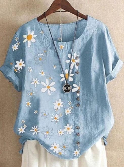 Vintage Cotton Linen Daisy Loose Casual Shirt Short Sleeve Women - Nioor