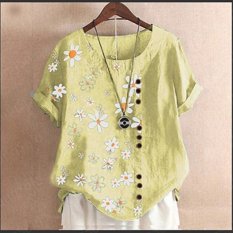 Vintage Cotton Linen Daisy Loose Casual Shirt Short Sleeve Women - Nioor