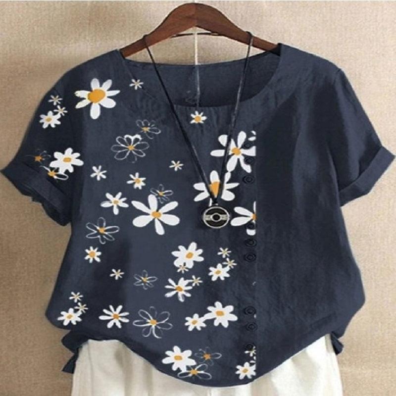 Vintage Cotton Linen Daisy Loose Casual Shirt Short Sleeve Women - Nioor