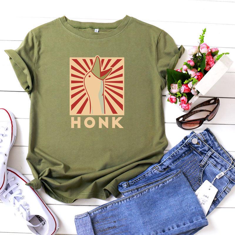 Vintage HONK Goose Print Crew Neck Casual Cotton Short Sleeve T-shirt - Nioor