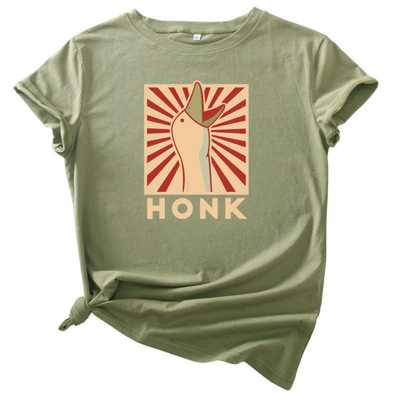 Vintage HONK Goose Print Crew Neck Casual Cotton Short Sleeve T-shirt - Nioor