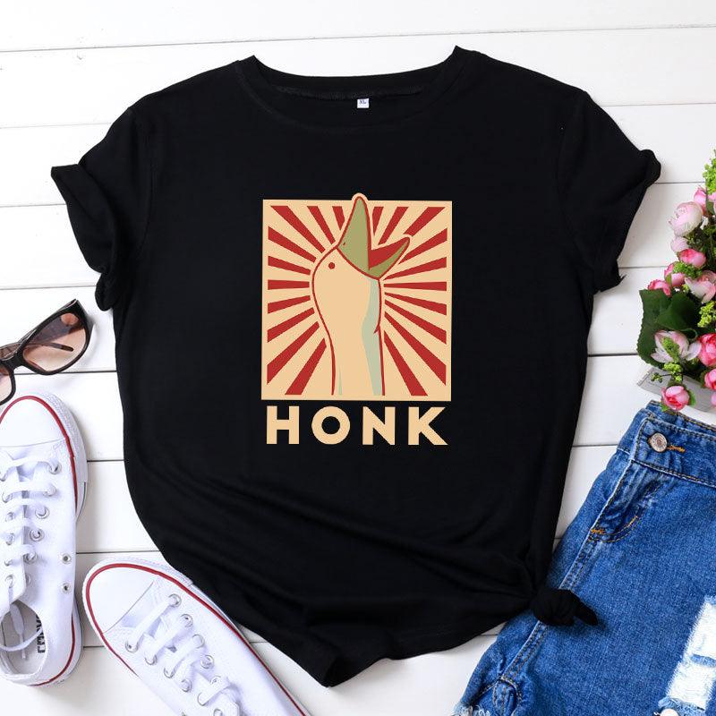 Vintage HONK Goose Print Crew Neck Casual Cotton Short Sleeve T-shirt - Nioor