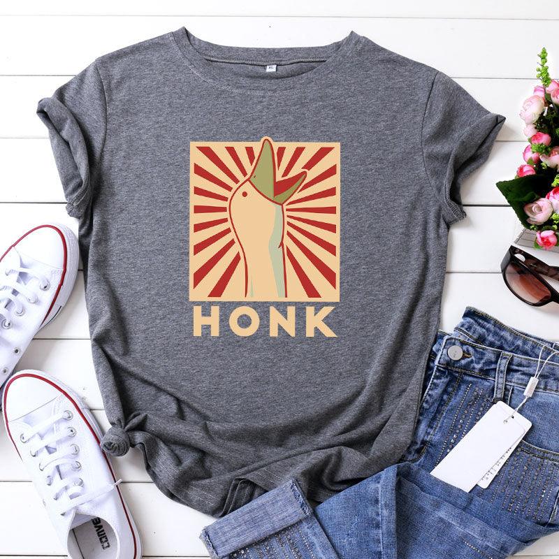 Vintage HONK Goose Print Crew Neck Casual Cotton Short Sleeve T-shirt - Nioor