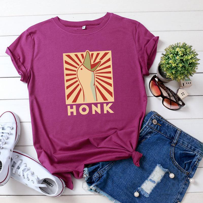 Vintage HONK Goose Print Crew Neck Casual Cotton Short Sleeve T-shirt - Nioor