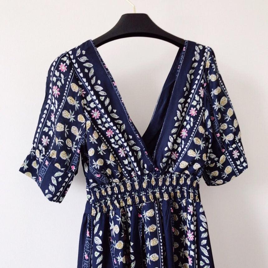 Vintage Pineapple Print Collar Dress With Lining - Nioor