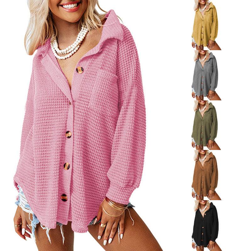 Waffle Casual Shirt Women's Long Sleeve Cardigan - Nioor