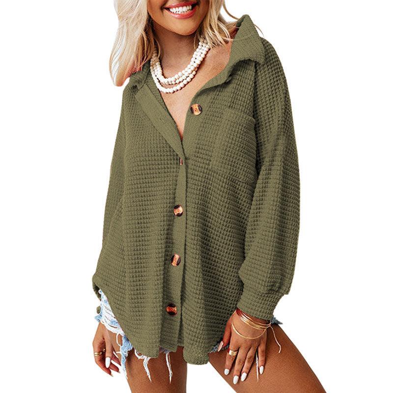 Waffle Casual Shirt Women's Long Sleeve Cardigan - Nioor