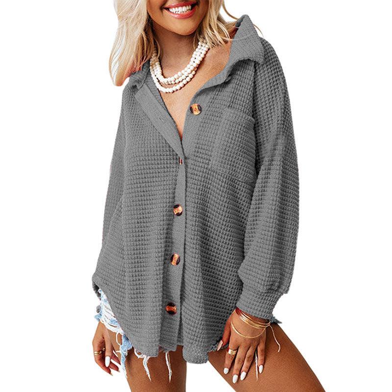 Waffle Casual Shirt Women's Long Sleeve Cardigan - Nioor