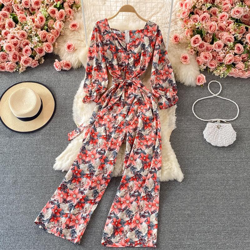 Waistband Lace-up Shows Thin Floral Square Neck Jumpsuit - Nioor