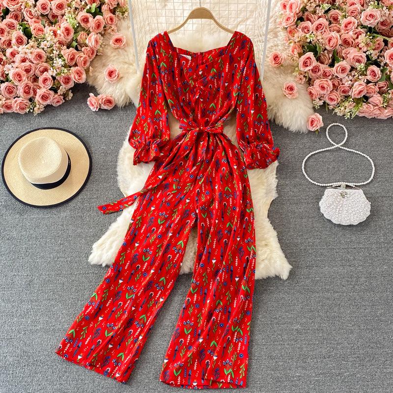 Waistband Lace-up Shows Thin Floral Square Neck Jumpsuit - Nioor