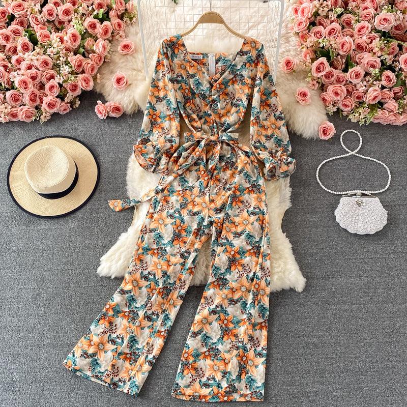 Waistband Lace-up Shows Thin Floral Square Neck Jumpsuit - Nioor